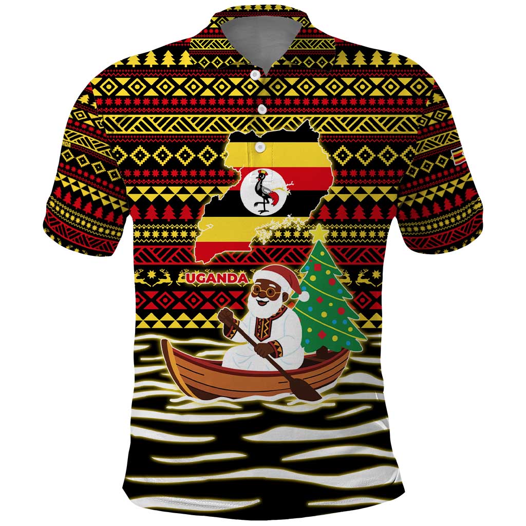 Uganda Christmas Polo Shirt Santa in Canoe Christmas Tree Uganda Map Flag - African Pride