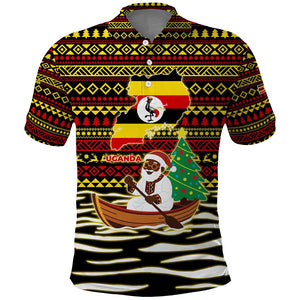 Uganda Christmas Polo Shirt Santa in Canoe Christmas Tree Uganda Map Flag - African Pride