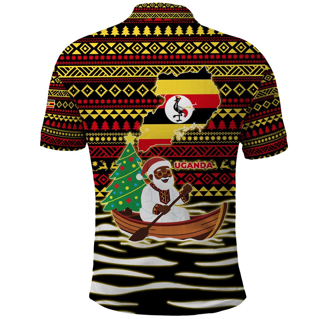 Uganda Christmas Polo Shirt Santa in Canoe Christmas Tree Uganda Map Flag - African Pride