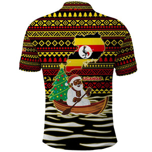 Uganda Christmas Polo Shirt Santa in Canoe Christmas Tree Uganda Map Flag - African Pride