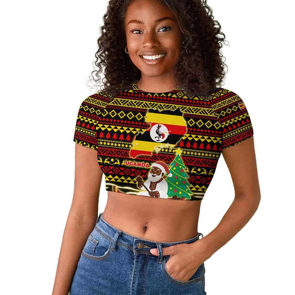 Uganda Christmas Raglan Cropped T shirt Santa in Canoe Christmas Tree Uganda Map Flag - African Pride