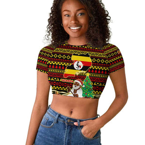 Uganda Christmas Raglan Cropped T shirt Santa in Canoe Christmas Tree Uganda Map Flag - African Pride