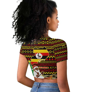 Uganda Christmas Raglan Cropped T shirt Santa in Canoe Christmas Tree Uganda Map Flag - African Pride