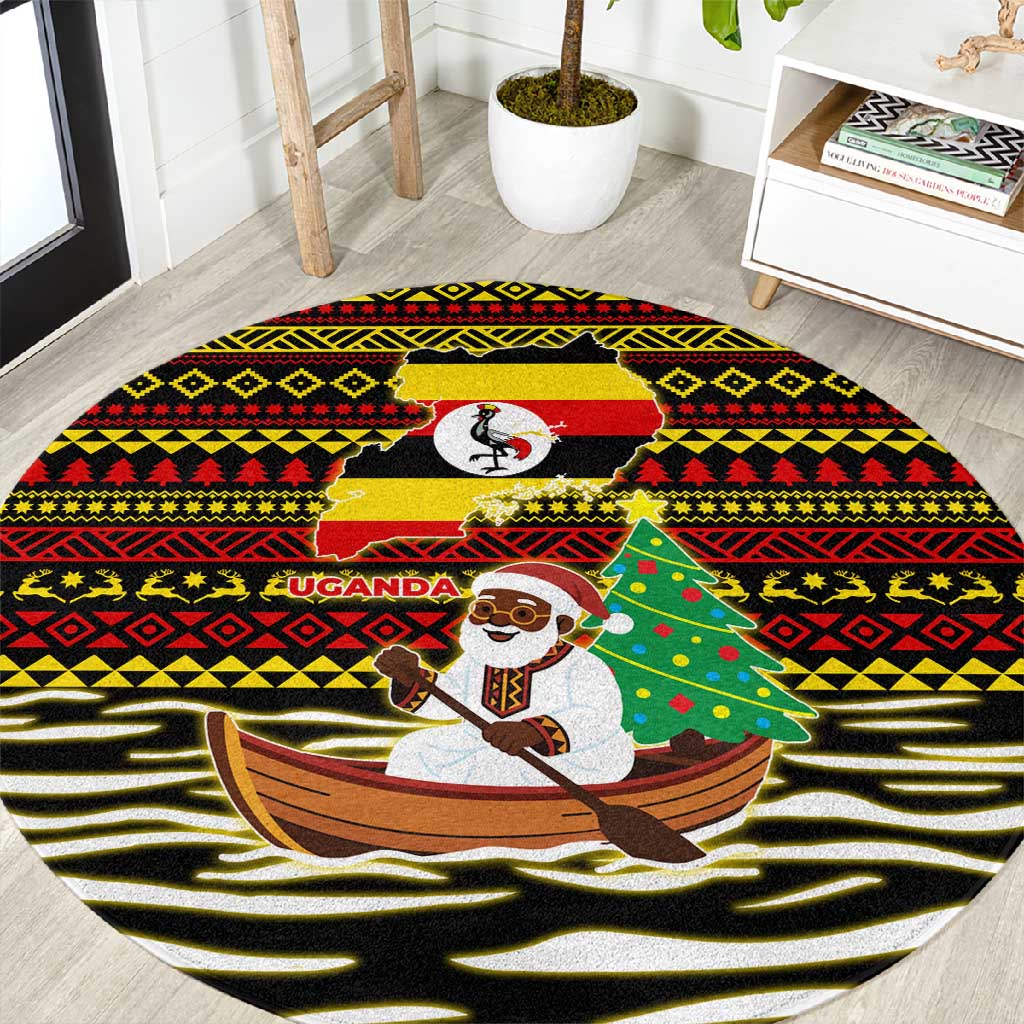 Uganda Christmas Round Carpet Santa in Canoe Christmas Tree Uganda Map Flag - African Pride