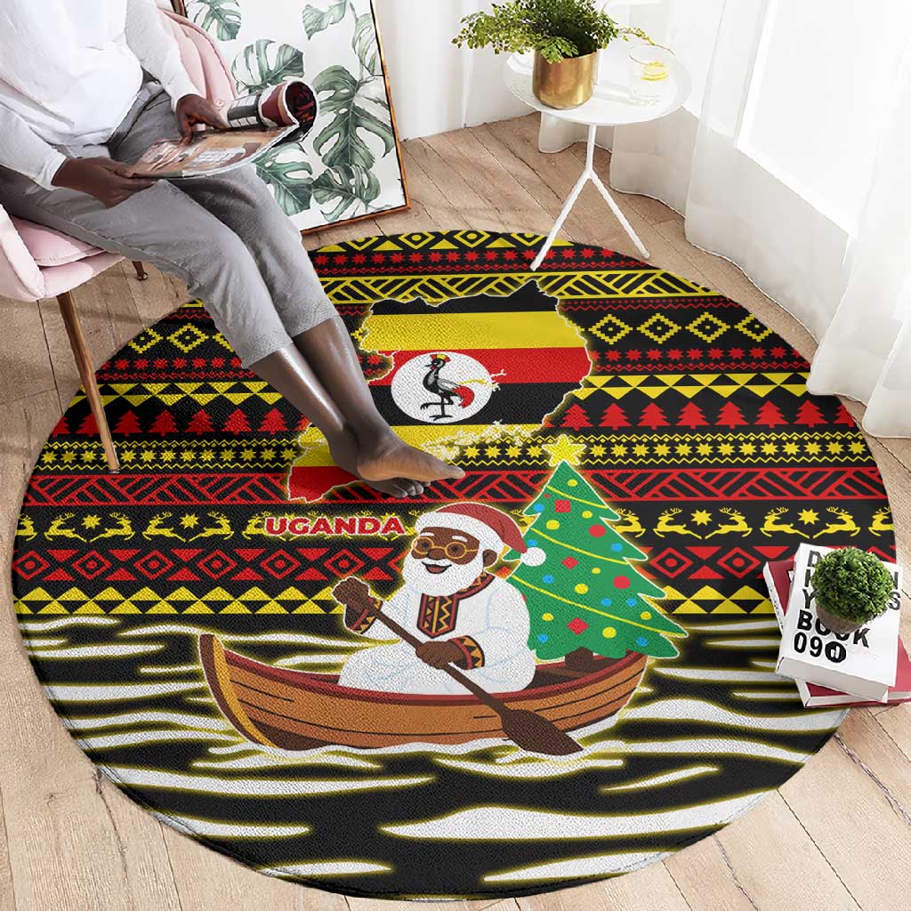 Uganda Christmas Round Carpet Santa in Canoe Christmas Tree Uganda Map Flag - African Pride