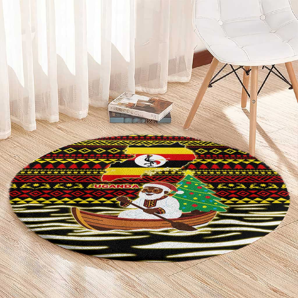 Uganda Christmas Round Carpet Santa in Canoe Christmas Tree Uganda Map Flag - African Pride
