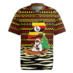 Uganda Christmas Rugby Jersey Santa in Canoe Christmas Tree Uganda Map Flag - African Pride