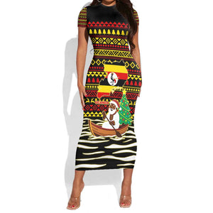Uganda Christmas Short Sleeve Bodycon Dress Santa in Canoe Christmas Tree Uganda Map Flag - African Pride