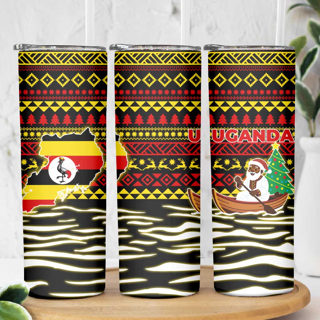 Uganda Christmas Skinny Tumbler Santa in Canoe Christmas Tree Uganda Map Flag - African Pride