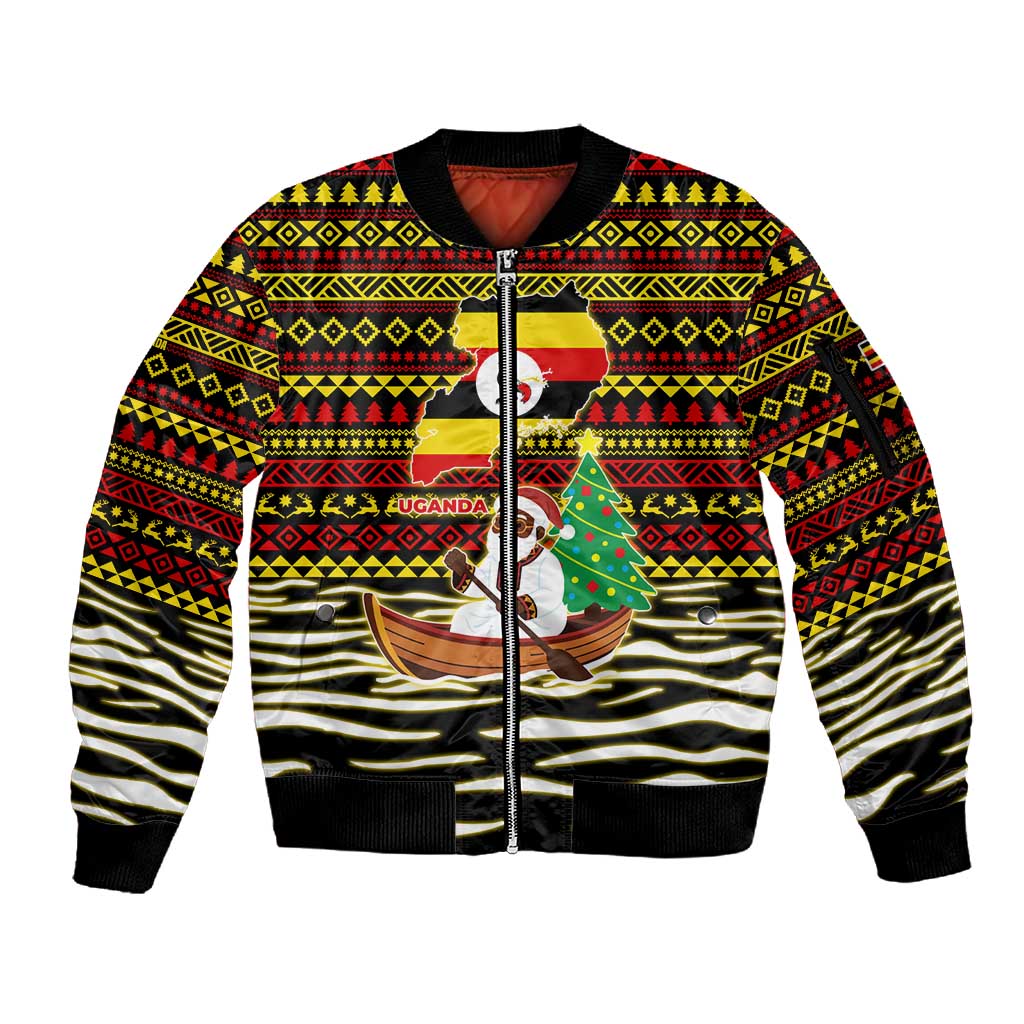 Uganda Christmas Sleeve Zip Bomber Jacket Santa in Canoe Christmas Tree Uganda Map Flag - African Pride