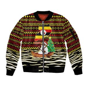 Uganda Christmas Sleeve Zip Bomber Jacket Santa in Canoe Christmas Tree Uganda Map Flag - African Pride