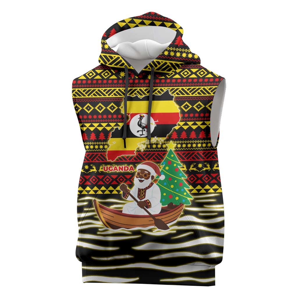 Uganda Christmas Sleeveless Hoodie Santa in Canoe Christmas Tree Uganda Map Flag - African Pride