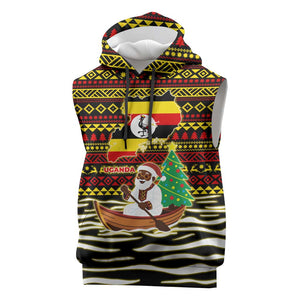 Uganda Christmas Sleeveless Hoodie Santa in Canoe Christmas Tree Uganda Map Flag - African Pride