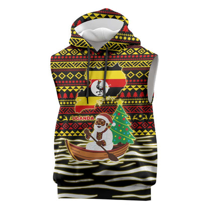 Uganda Christmas Sleeveless Hoodie Santa in Canoe Christmas Tree Uganda Map Flag - African Pride