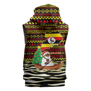 Uganda Christmas Sleeveless Hoodie Santa in Canoe Christmas Tree Uganda Map Flag - African Pride