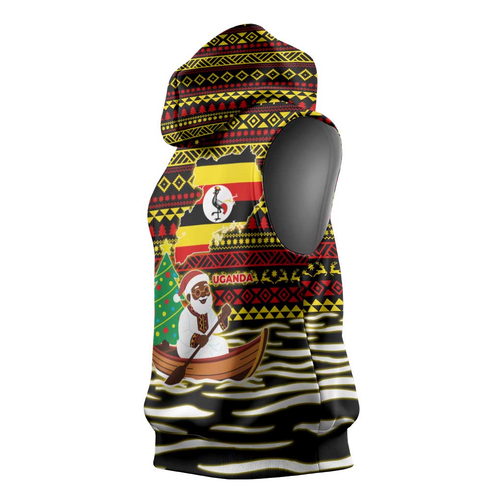 Uganda Christmas Sleeveless Hoodie Santa in Canoe Christmas Tree Uganda Map Flag - African Pride