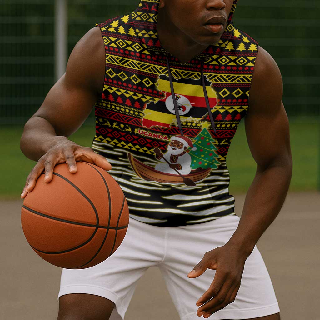 Uganda Christmas Sleeveless Hoodie Santa in Canoe Christmas Tree Uganda Map Flag - African Pride