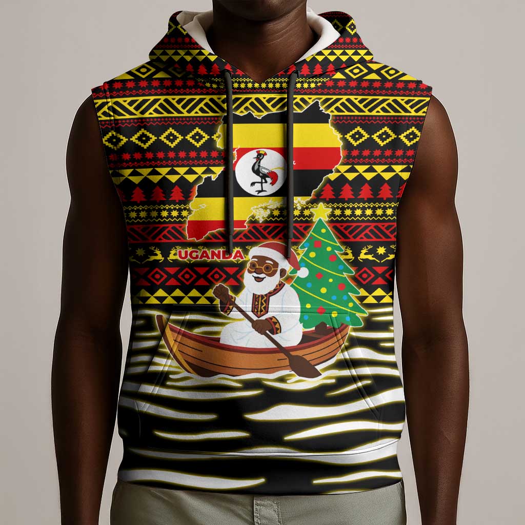 Uganda Christmas Sleeveless Hoodie Santa in Canoe Christmas Tree Uganda Map Flag - African Pride