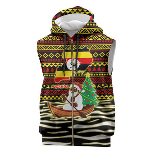 Uganda Christmas Sleeveless Zip Hoodie Santa in Canoe Christmas Tree Uganda Map Flag - African Pride
