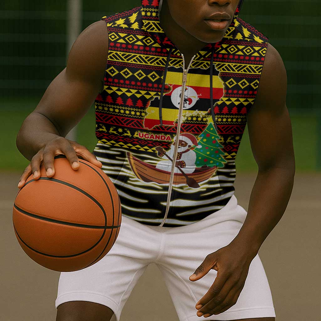 Uganda Christmas Sleeveless Zip Hoodie Santa in Canoe Christmas Tree Uganda Map Flag - African Pride