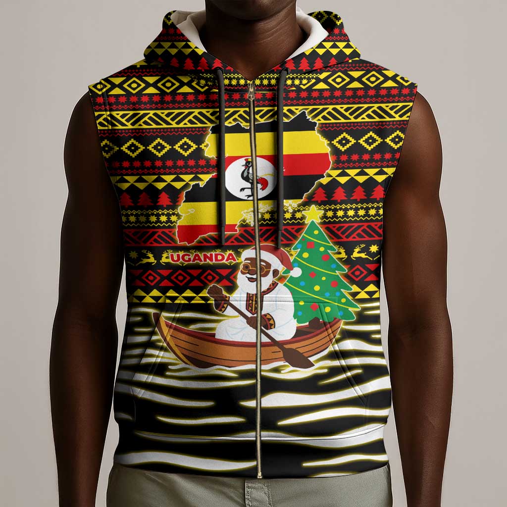 Uganda Christmas Sleeveless Zip Hoodie Santa in Canoe Christmas Tree Uganda Map Flag - African Pride
