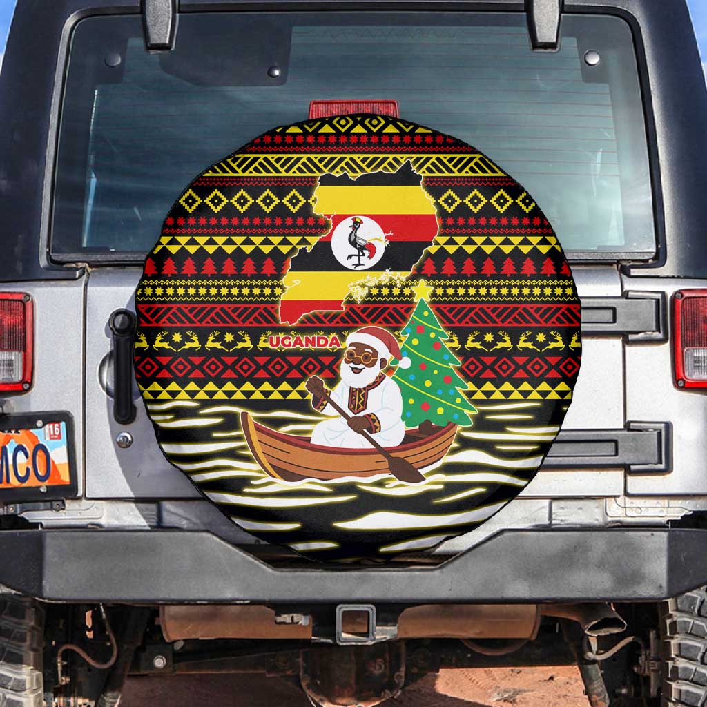 Uganda Christmas Spare Tire Cover Santa in Canoe Christmas Tree Uganda Map Flag - African Pride