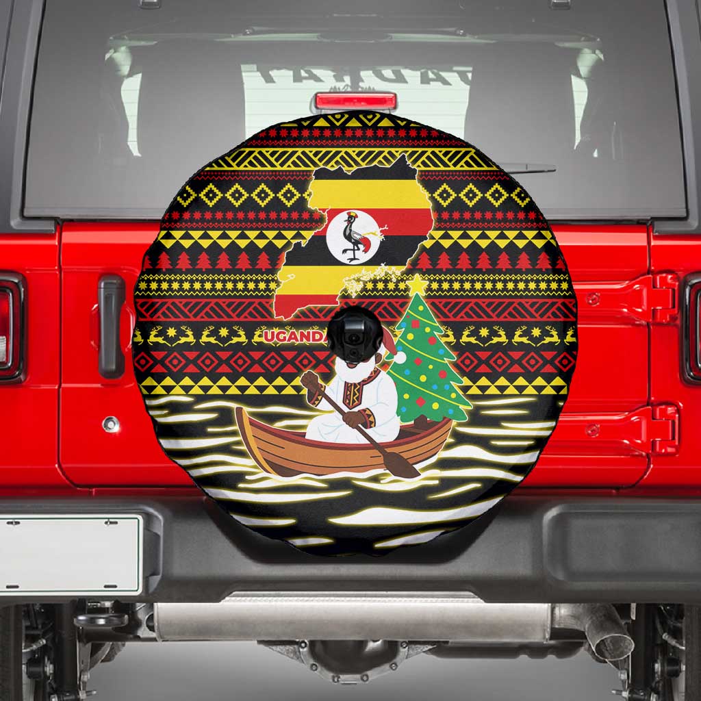 Uganda Christmas Spare Tire Cover Santa in Canoe Christmas Tree Uganda Map Flag - African Pride