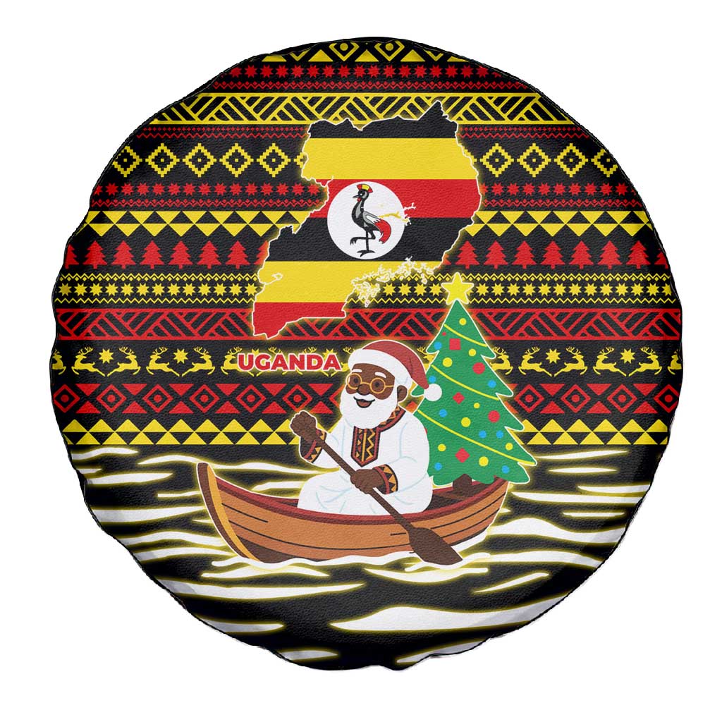 Uganda Christmas Spare Tire Cover Santa in Canoe Christmas Tree Uganda Map Flag - African Pride