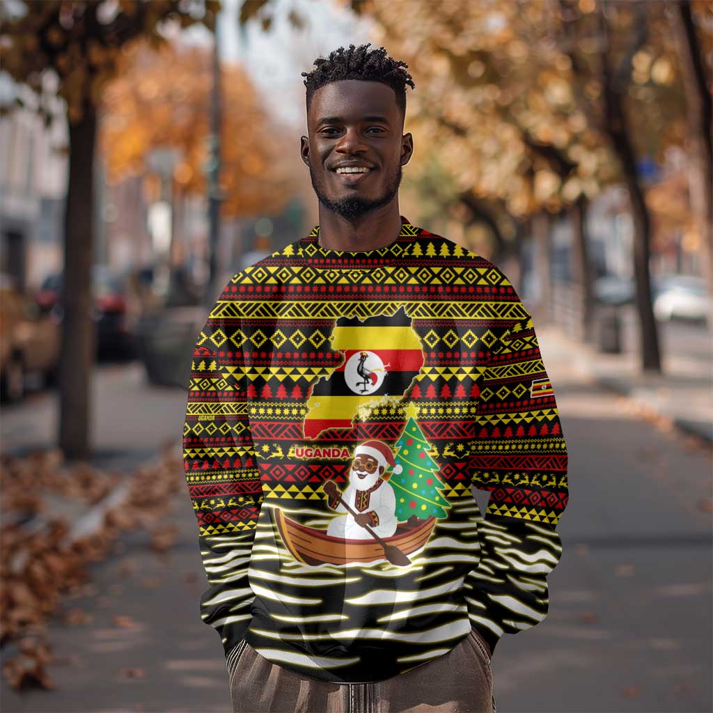 Uganda Christmas Sweatshirt Santa in Canoe Christmas Tree Uganda Map Flag - African Pride