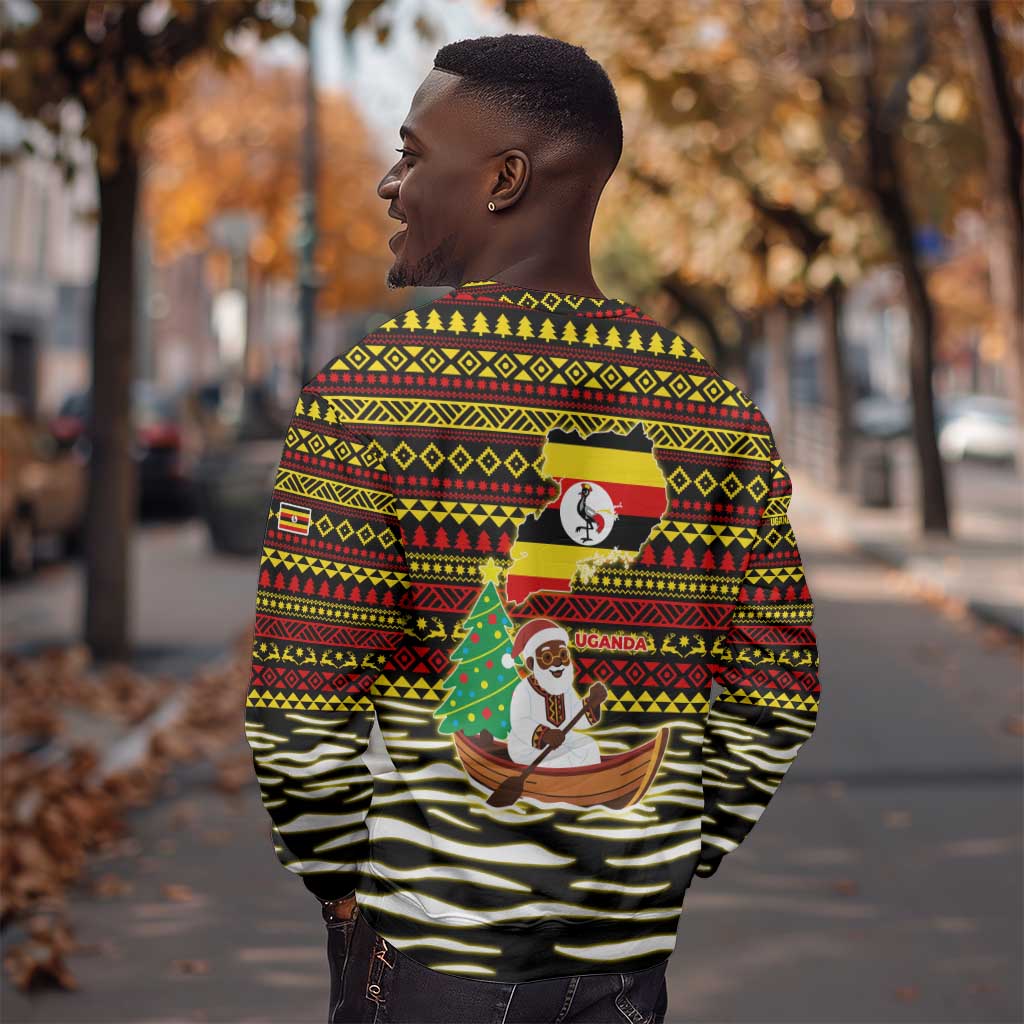 Uganda Christmas Sweatshirt Santa in Canoe Christmas Tree Uganda Map Flag - African Pride
