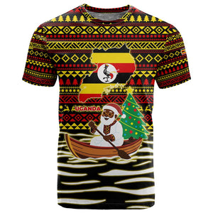 Uganda Christmas T shirt Santa in Canoe Christmas Tree Uganda Map Flag - African Pride
