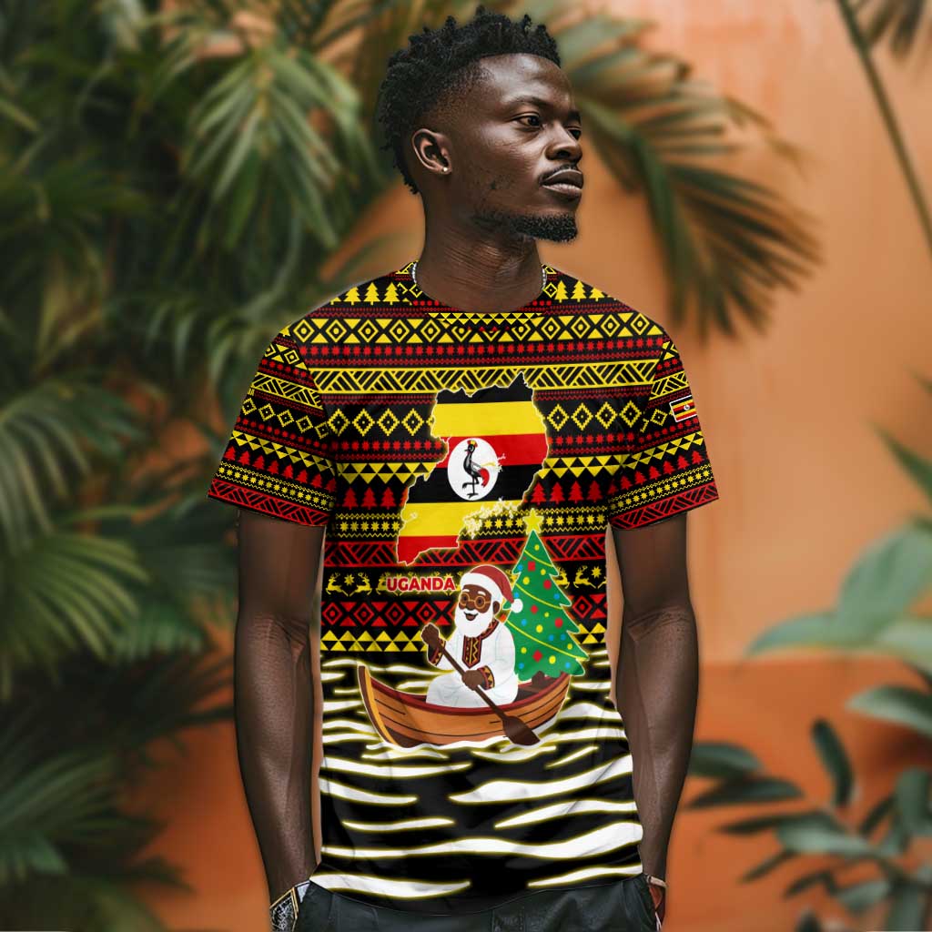 Uganda Christmas T shirt Santa in Canoe Christmas Tree Uganda Map Flag - African Pride