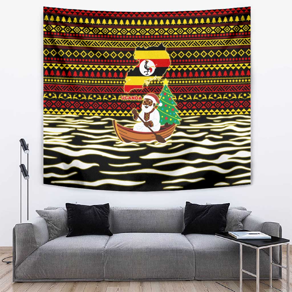 Uganda Christmas Tapestry Santa in Canoe Christmas Tree Uganda Map Flag - African Pride