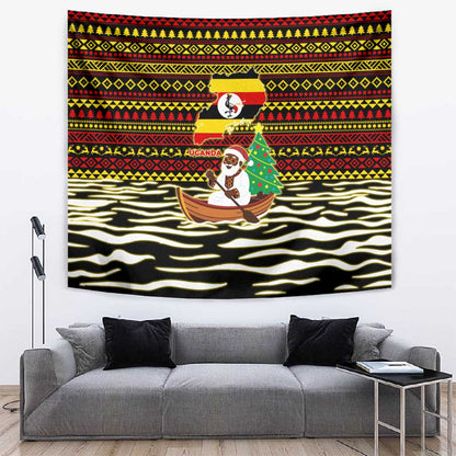 Uganda Christmas Tapestry Santa in Canoe Christmas Tree Uganda Map Flag - African Pride