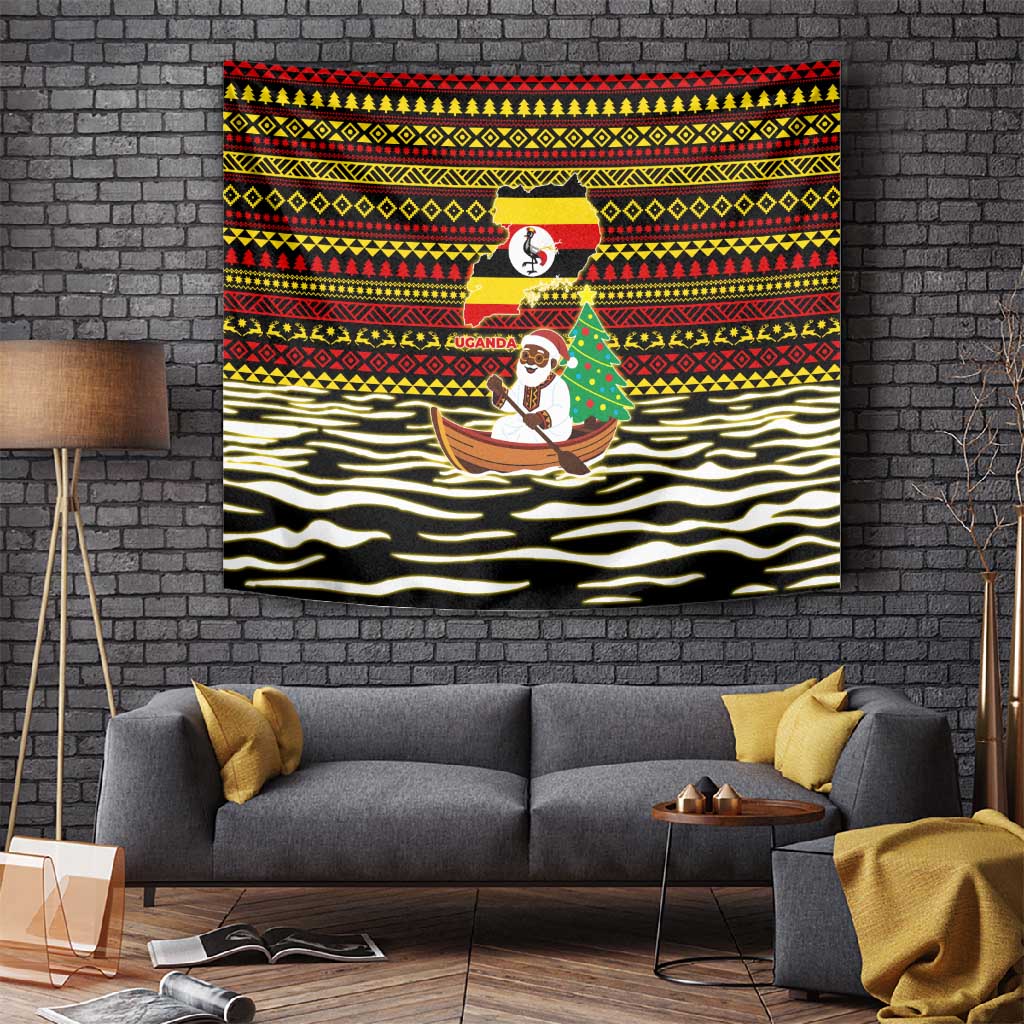 Uganda Christmas Tapestry Santa in Canoe Christmas Tree Uganda Map Flag - African Pride