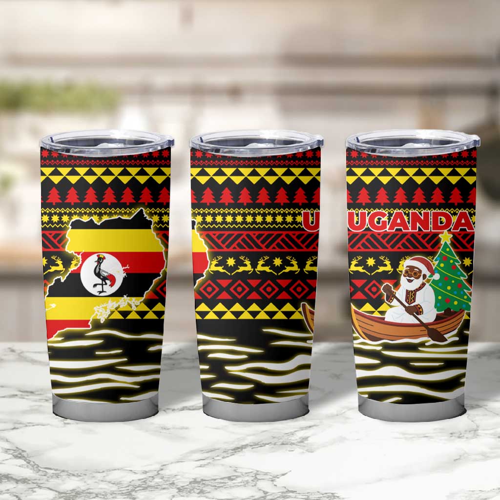 Uganda Christmas Tumbler Cup Santa in Canoe Christmas Tree Uganda Map Flag - African Pride