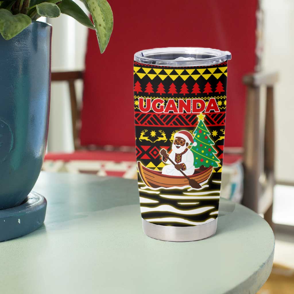 Uganda Christmas Tumbler Cup Santa in Canoe Christmas Tree Uganda Map Flag - African Pride