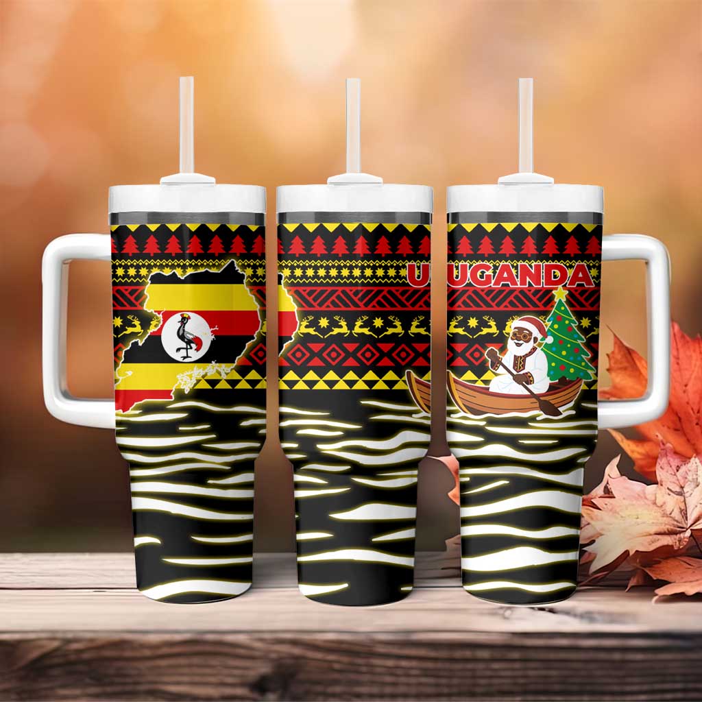 Uganda Christmas Tumbler With Handle Santa in Canoe Christmas Tree Uganda Map Flag - African Pride
