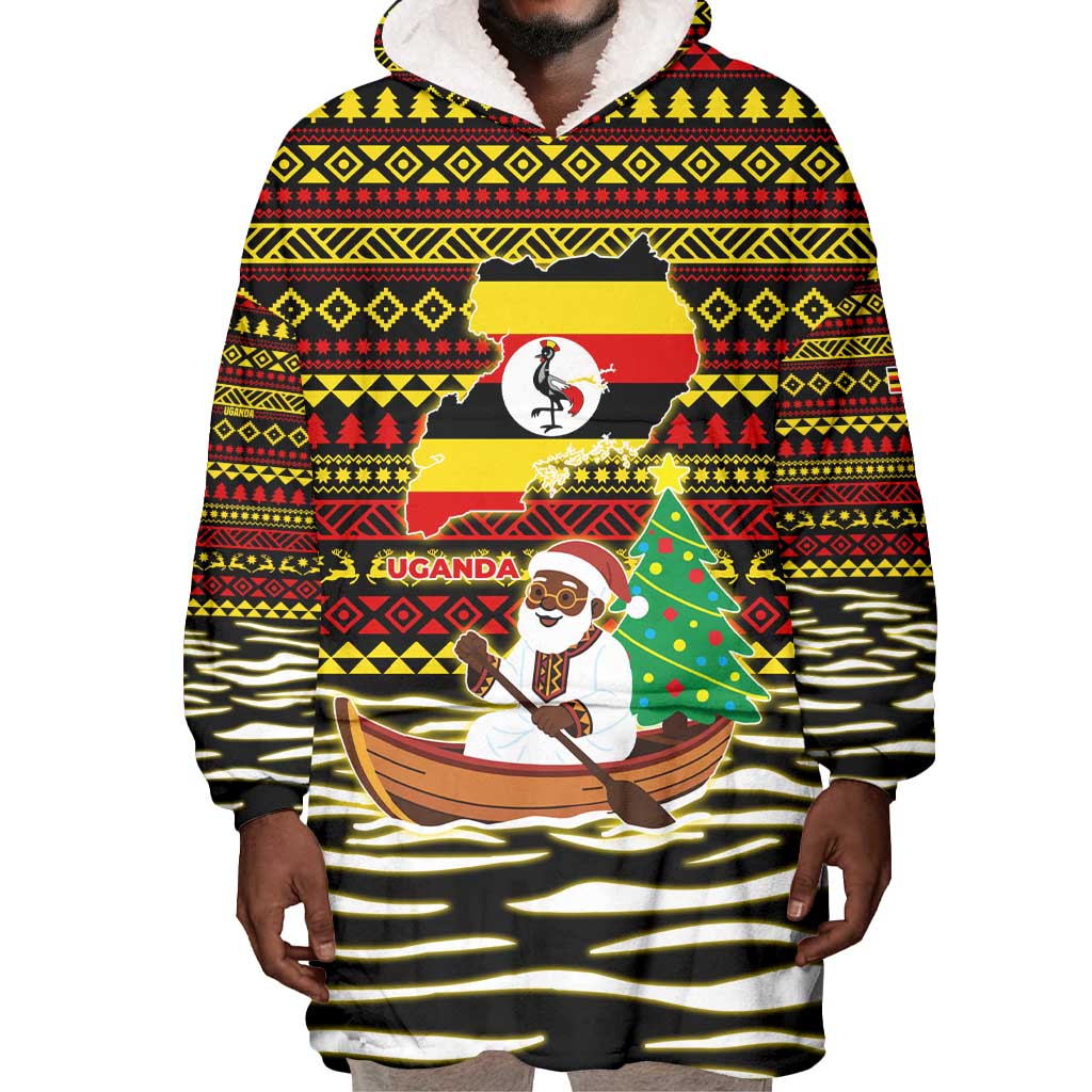 Uganda Christmas Wearable Blanket Hoodie Santa in Canoe Christmas Tree Uganda Map Flag - African Pride