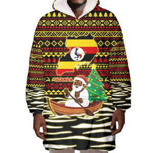 Uganda Christmas Wearable Blanket Hoodie Santa in Canoe Christmas Tree Uganda Map Flag - African Pride