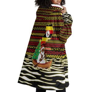 Uganda Christmas Wearable Blanket Hoodie Santa in Canoe Christmas Tree Uganda Map Flag - African Pride