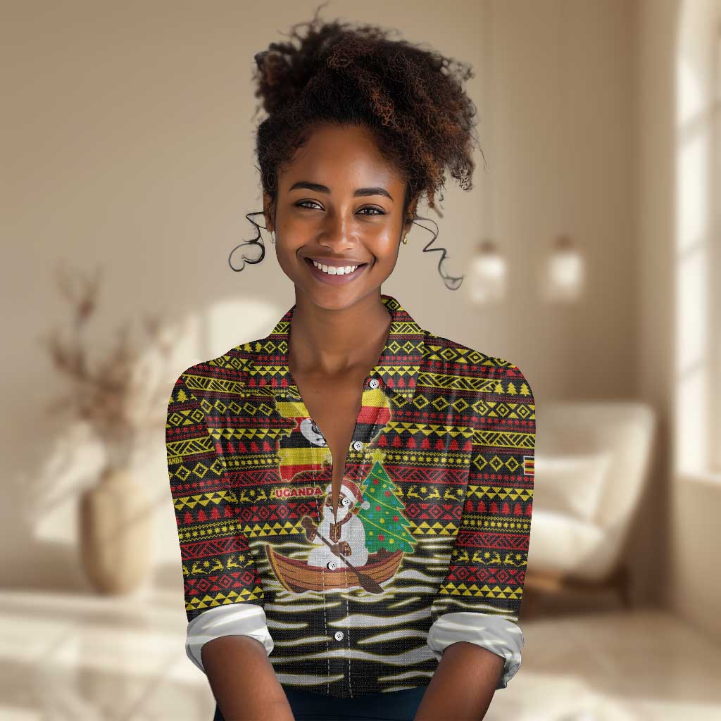Uganda Christmas Women Casual Shirt Santa in Canoe Christmas Tree Uganda Map Flag - African Pride