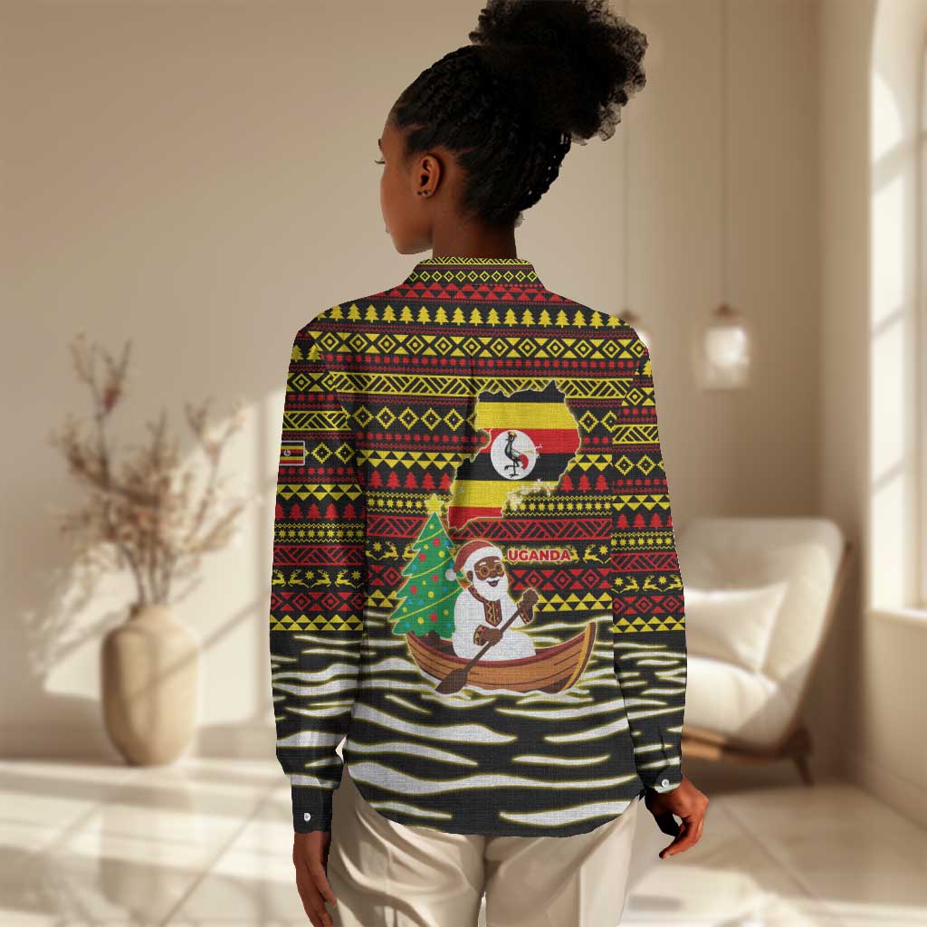 Uganda Christmas Women Casual Shirt Santa in Canoe Christmas Tree Uganda Map Flag - African Pride
