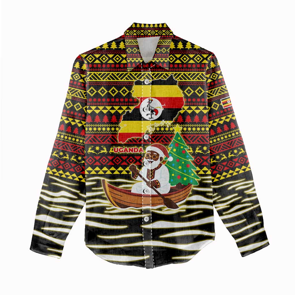 Uganda Christmas Women Casual Shirt Santa in Canoe Christmas Tree Uganda Map Flag - African Pride