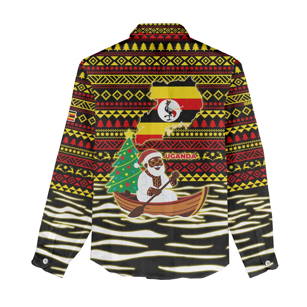 Uganda Christmas Women Casual Shirt Santa in Canoe Christmas Tree Uganda Map Flag - African Pride