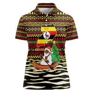 Uganda Christmas Women Polo Shirt Santa in Canoe Christmas Tree Uganda Map Flag - African Pride