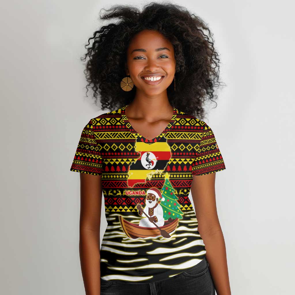 Uganda Christmas Women V-Neck T-Shirt Santa in Canoe Christmas Tree Uganda Map Flag - African Pride