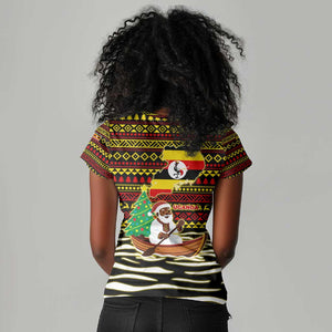 Uganda Christmas Women V-Neck T-Shirt Santa in Canoe Christmas Tree Uganda Map Flag - African Pride