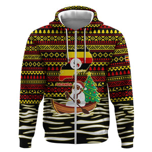 Uganda Christmas Zip Hoodie Santa in Canoe Christmas Tree Uganda Map Flag - African Pride