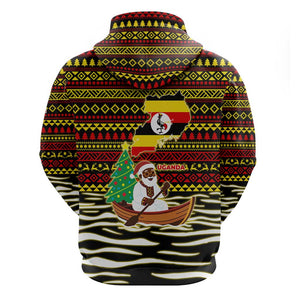 Uganda Christmas Zip Hoodie Santa in Canoe Christmas Tree Uganda Map Flag - African Pride